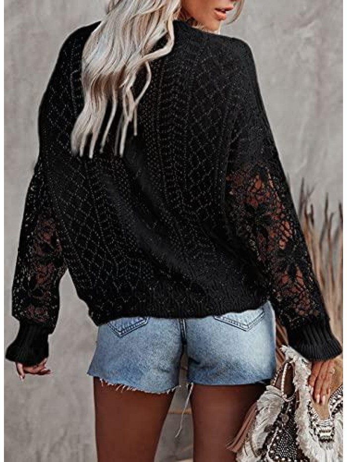 Women Lace Crochet Long Sleeve Crewneck Sweaters Winter Knit Pullover Jumper Tops 