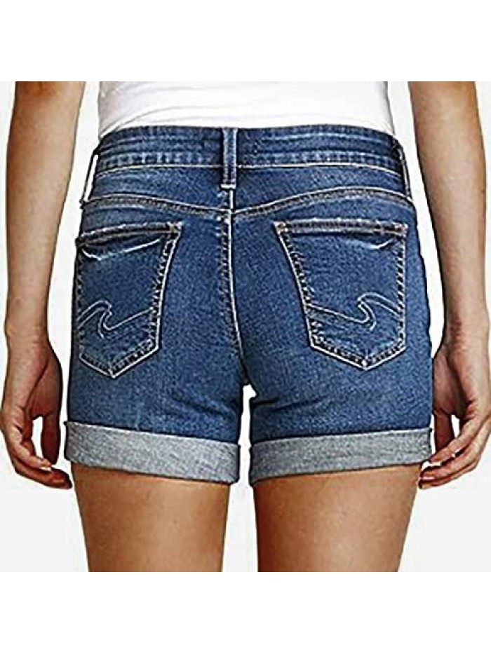 Hot Shorts for Women Casual Ripped Denim Jean Shorts Mid Waisted Stretchy Folded Hem Short Jeans with Pockets 