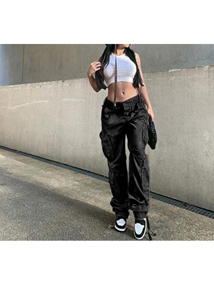 Aesthetic 90s Low Waist Pants Women Gothic Cargo Wide Leg Baggy Jeans Harajuku Streetwear Punk 