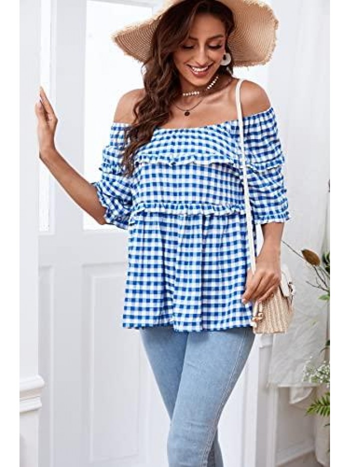 NINOS Womens Tops Crew Neck/Off The Shoulder 2 in 1 Loose Casual Blouse Short Sleeve Plaid Ruffles T-Shirt 