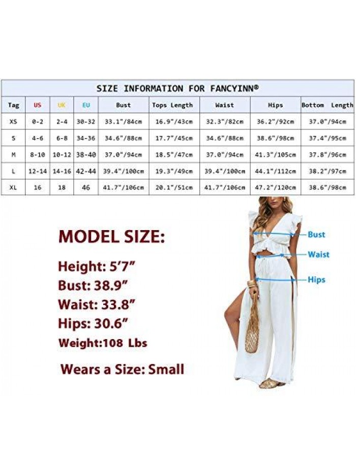 Womens 2 Pieces Outfits Deep V Neck Crop Top Side Slit Drawstring Wide Leg Pants Set Jumpsuits 