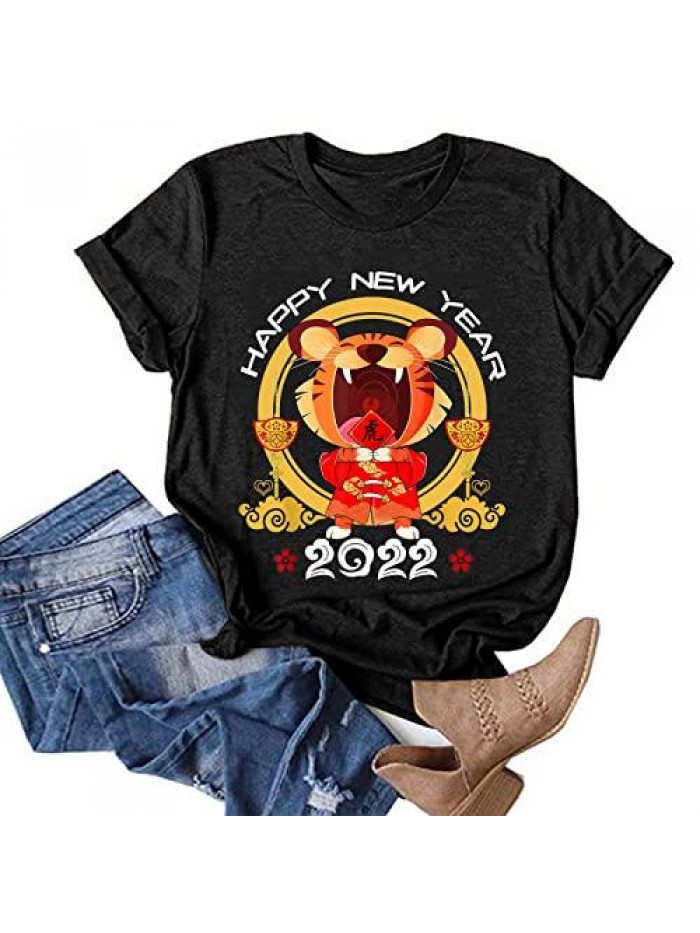 2022 Happy New Year Tiger Print T Shirt O Neck Short Sleeve Shirt Casual Graphic Casual Athletic Tunic Blouse 