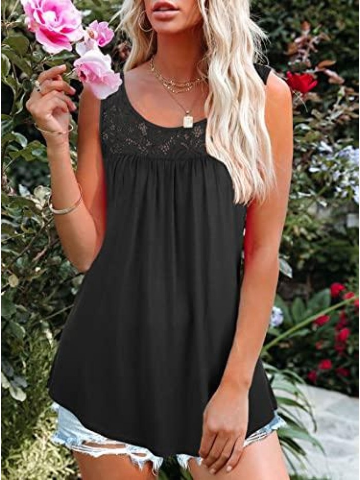 Women Summer Lace Pleated Flowy Tank Tops Loose Casual Sleeveless Tunic Blouse Shirts 