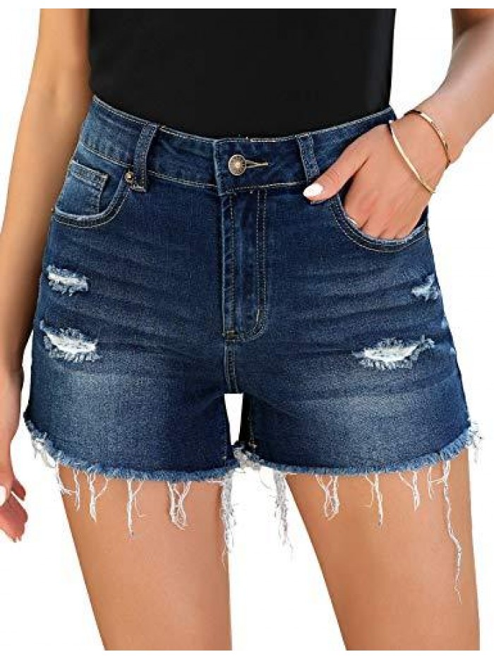 Women's Mid Rise Ripped Denim Shorts Frayed Raw Hem Casual Jeans Shorts 