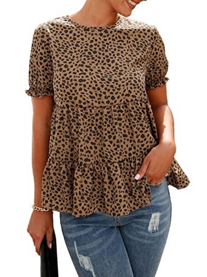 Women's Leopard Blouse Short Puff Sleeve Crewneck Babydoll Shirts Peplum Tunic Tops 