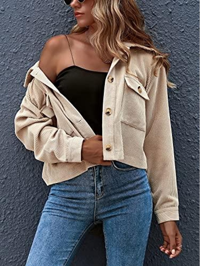 Women's Casual Cropped Corduroy Jackets Button Down Long Sleeve Shirts Jacket With Pockets 