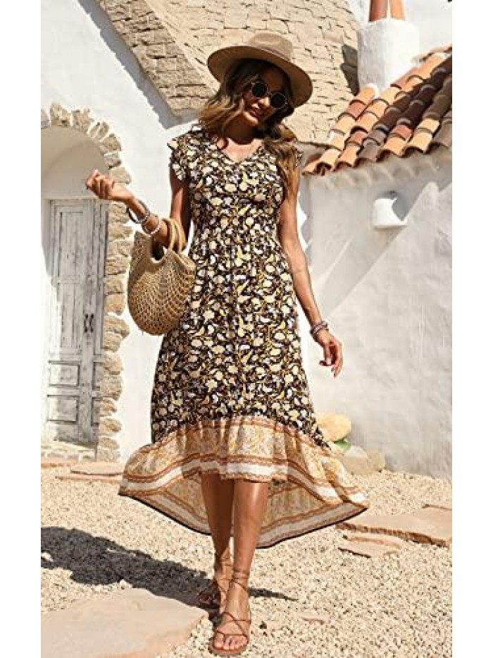 Women's Summer Maxi Dress Casual Floral V Neck Cap Sleeves Boho High Low Flowy Midi Long Sun Dresses 