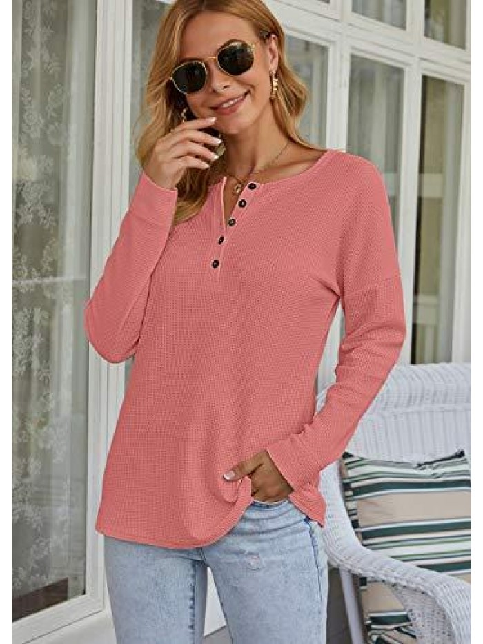 Women's Waffle Knit Tunic Tops Loose Long Sleeve Button Up V Neck Henley Shirts 