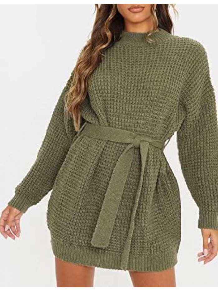 Women's Casual Long Sleeve Waffle Knit Tie Waist Loose Pullover Tunic Sweater Dress 