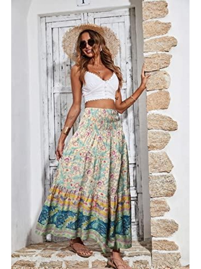 Women Boho Ditsy Floral Elastic High Waisted Maxi Dress Skirt Flowy Long Pleated Skirt A Line Long Skirt 