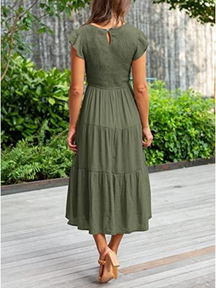 Women's Summer Casual Midi Maxi Dress Boho Flutter Sleeve Smocked A-Line Long Dress 