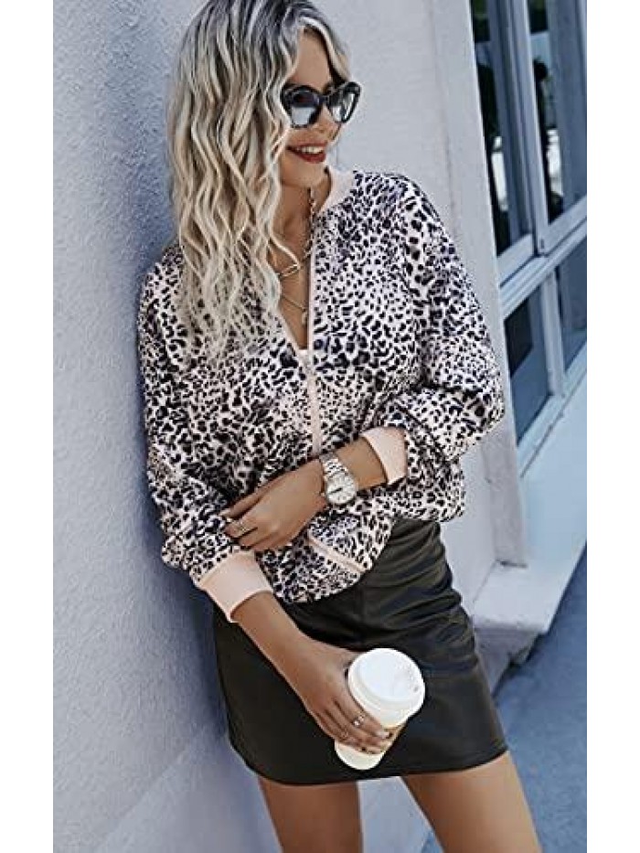 Womens Jackets Lightweight Zip Up Casual Inspired Bomber Jacket Leopard Coat Stand Collar Short Outwear Tops 