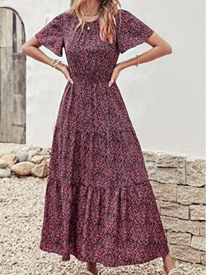 Women Short Sleeve Crew Neck Smocked Elastic Waist Tiered Maxi Dress Summer Boho Floral Flares Sun Dresses 