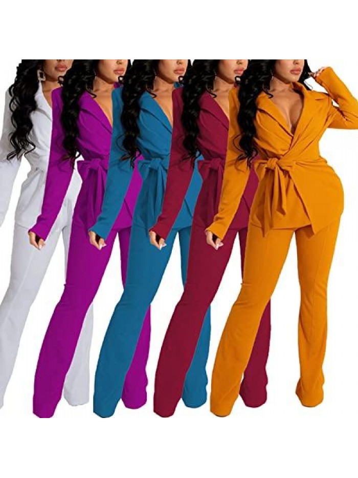 2 Piece Outfits for Women V Neck Blazer Jacket with Pants Belted Solid Casual Business Suit Sets 