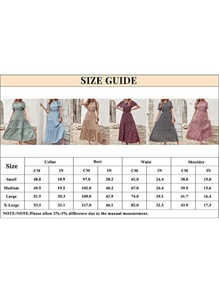 Women Short Sleeve Crew Neck Smocked Elastic Waist Tiered Maxi Dress Summer Boho Floral Flares Sun Dresses 