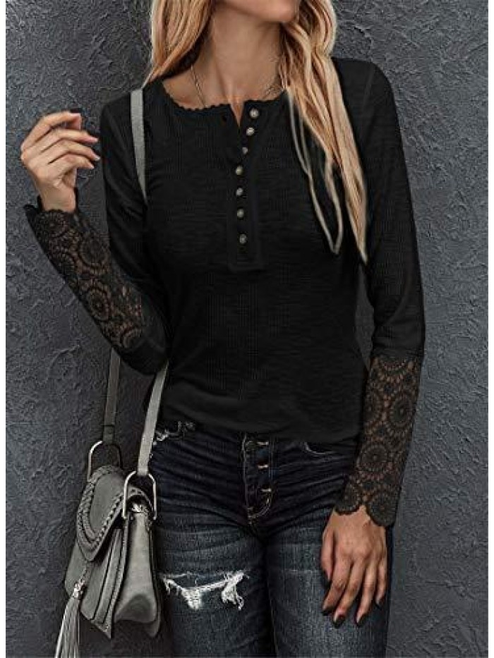 Womens Ribbed Knit Henley Long Sleeves Tunic Lace Tops V Neck Button Shirts Casual Slim Fit Blouses 