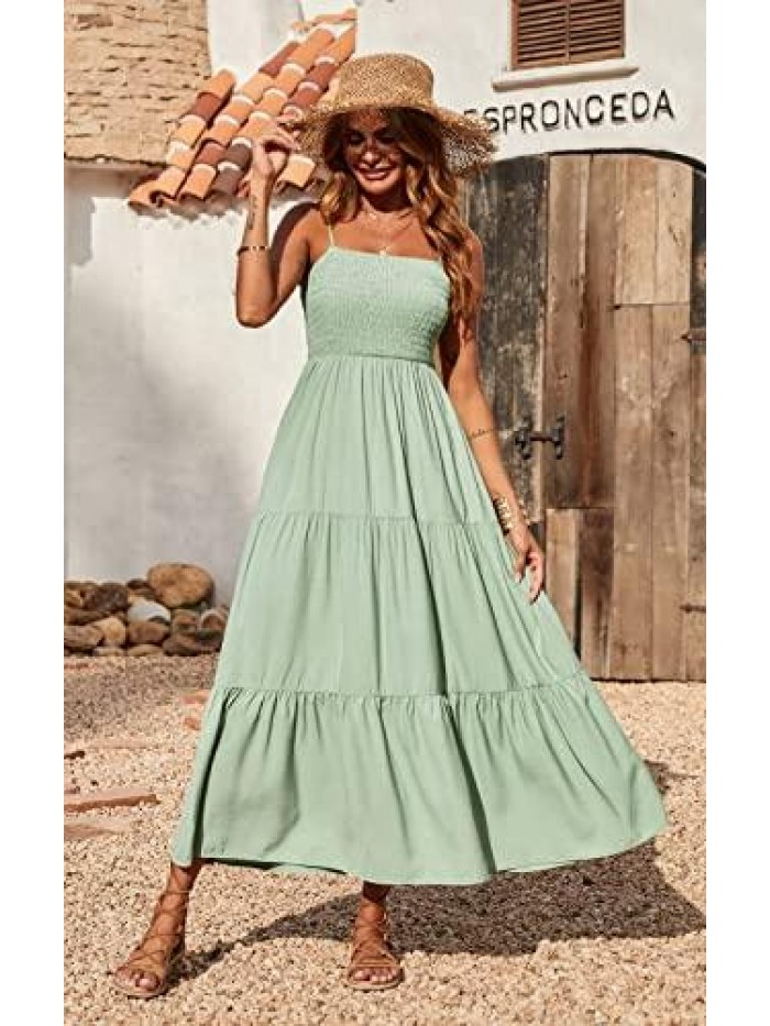 Women's Summer Maxi Dress Casual Boho Sleeveless Spaghetti Strap Smocked Tiered Long Beach Sun Dresses 