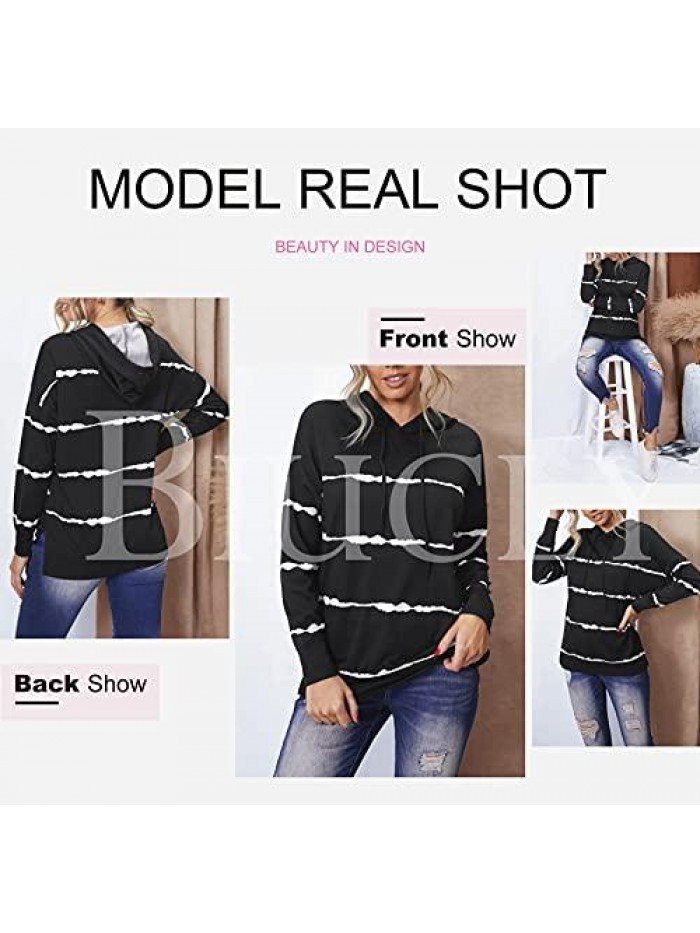 Womens Casual Hoodie Striped Printed Sweatshirts Long Sleeve Drawstring Pullover Tops Shirts 