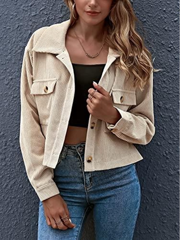 Women's Casual Cropped Corduroy Jackets Button Down Long Sleeve Shirts Jacket With Pockets 