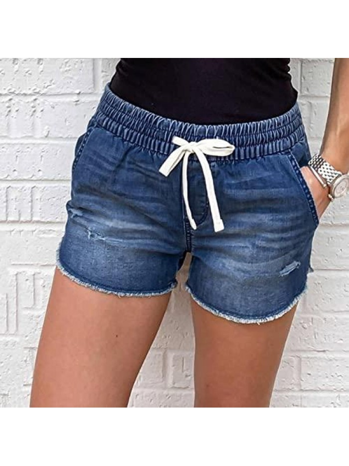 Women's Casual Elastic Waist Comfy Cotton Beach Shorts with Drawstring High Waisted Ripped Denim Jeans Shorts 