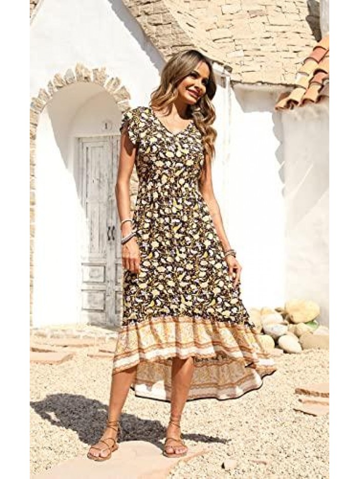 Women's Summer Maxi Dress Casual Floral V Neck Cap Sleeves Boho High Low Flowy Midi Long Sun Dresses 