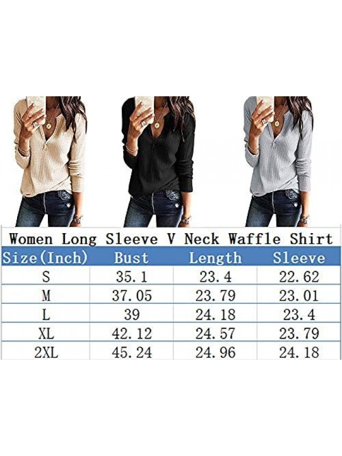 Womens Long Sleeve Tshirt V Neck Loose Fit Soft Waffle Knit Thermal Tops 