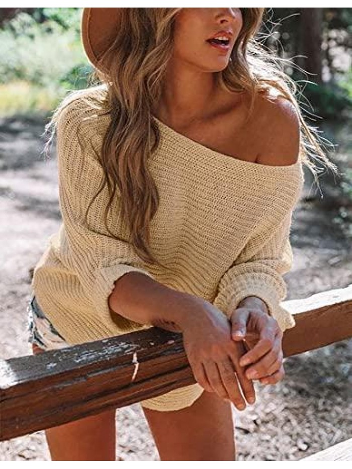 Women's Off Shoulder Sweaters Batwing 3/4 Sleeves Casual Solid Loose Pullovers Knit Jumper Tops 