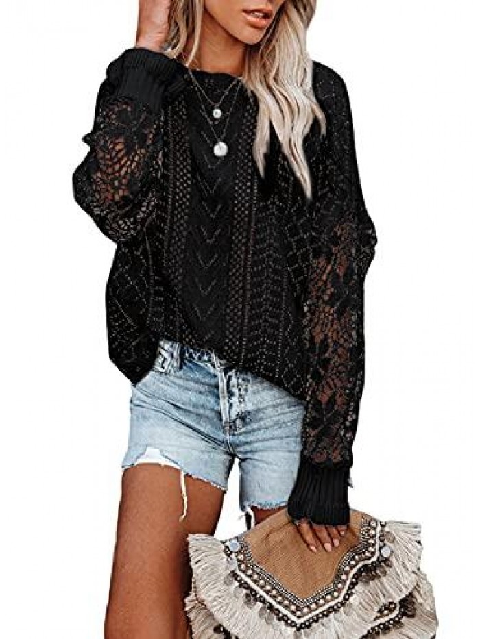 Women Lace Crochet Long Sleeve Crewneck Sweaters Winter Knit Pullover Jumper Tops 