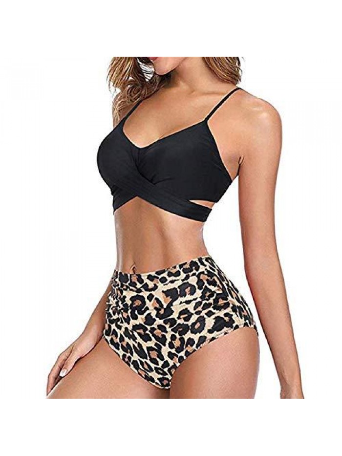 Women's High Waist Bikini Set, Sexy Halter Push Up Bikini Two Piece Bathing Suits V Neck Wrap Tie Back Swimsuit 