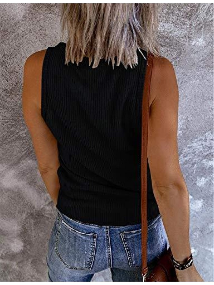 Womens Summer V Neck Sleeveless Tank Top Ribbed Button Slim Basic Henley Shirts 