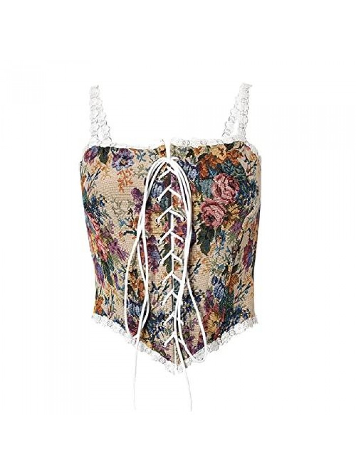 Vintage Floral Print Vest Sexy Bodycon Boat Neck Jacquard Camisole Flounce Irregular Suspender Corset 