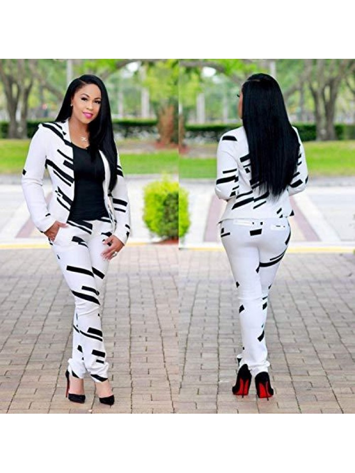 Women Lapel Collar Long Sleeve Stripe Top Jacket Pants 2 Piece Suit Set Outfits 