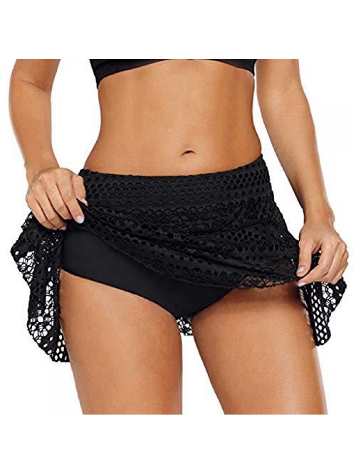 Crochet Lace Skirted for Women's Hollow Out Tankini Bottom Swimsuit Board Shorts Skirt Solid Swim Skort Swimdress 