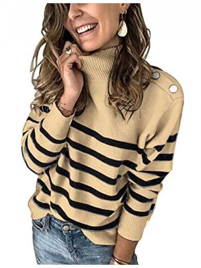 Winter Women’s Long Sleeves Knit Sweater Turtleneck Striped Print Loose Pullover Tops Deco with Metal Button 