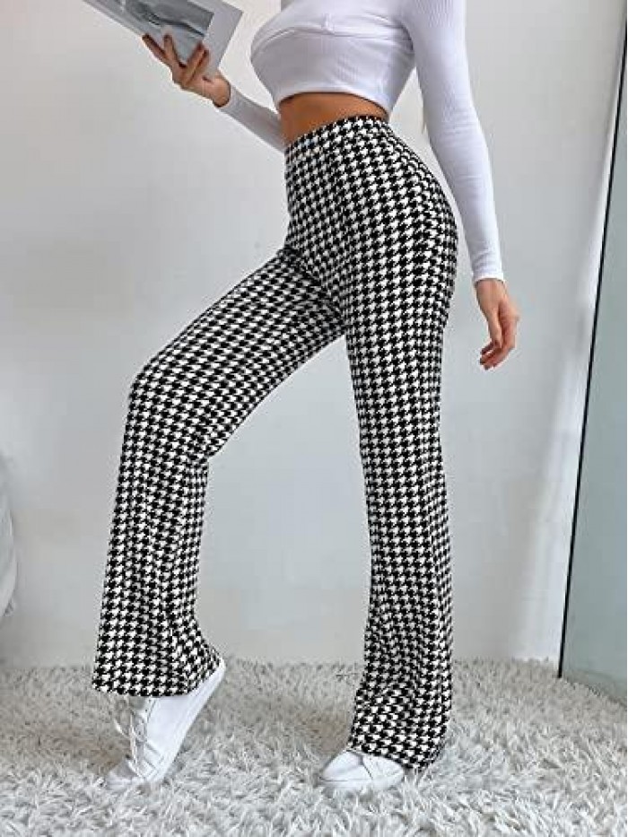 Women's Elastic High Waist Flare Pants Houndstooth Print Wide Leg Long Trousers 