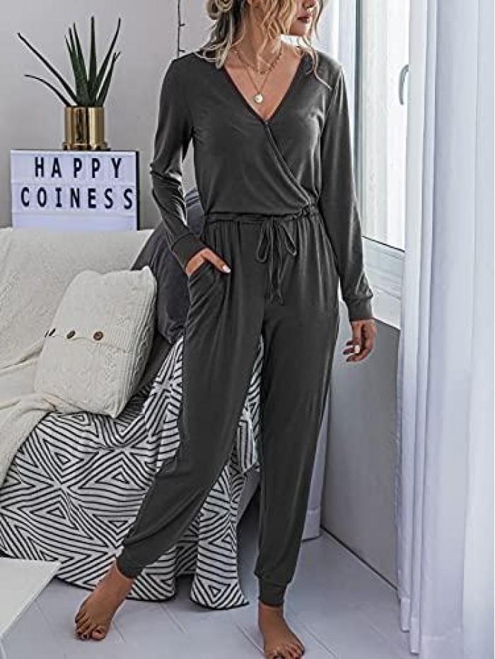 Women's V Neck Jumpsuits Short Sleeve Loose Jumpsuit Elastic Waist Romper Summer Rompers for Women 