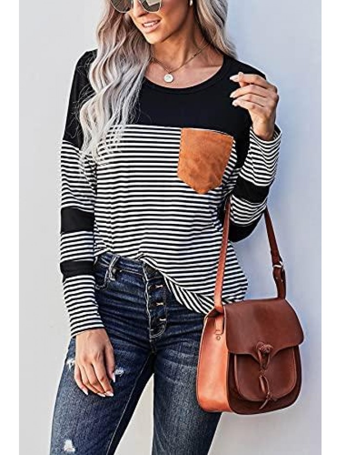 Women's Color Block Tunic Tops Striped Long Sleeve Tshirt Crewneck Shirts Pullover Tops 