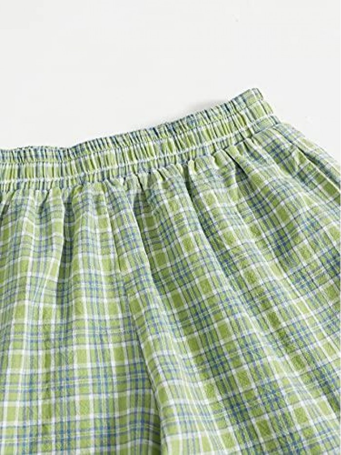 Women's Casual Plaid Split Hem Elastic High Waist Wide Leg Summer Shorts 