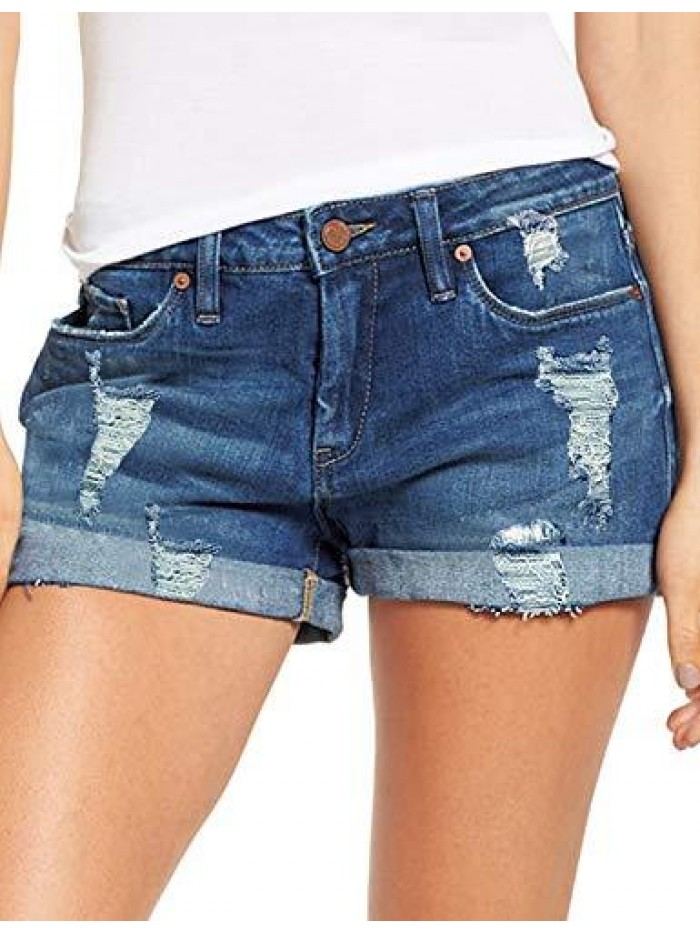 Women's Ripped Denim Jean Shorts High Waisted Stretchy Folded Hem Short Jeans 