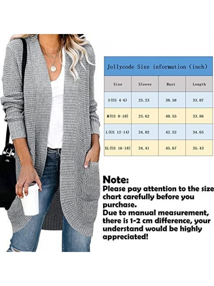 Women's Long Sleeve Open Front Cardigan Sweater Lightweight Waffle Knit Loose Draped Outerwear Coat with Pockets 