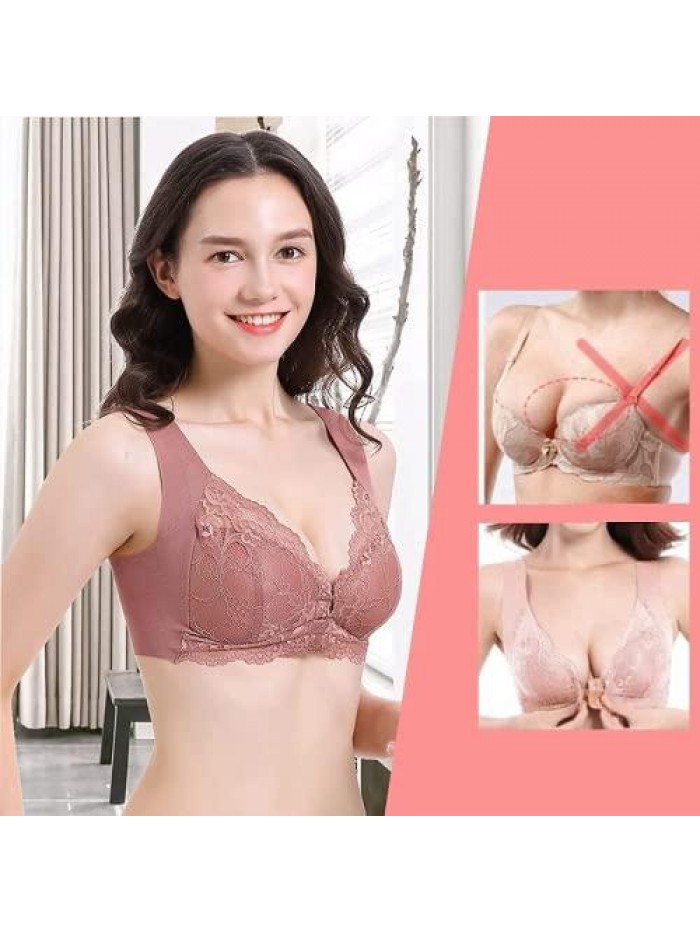 Bra for Older Women Front Closure, 5d Shaping Seamless Front Closure Bra, Women Soft Front Lace Bras 