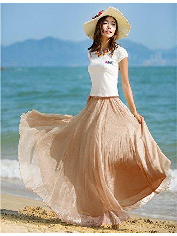 Women Retro Vintage Double Layer Chiffon Pleat Maxi Long Skirt Dress 