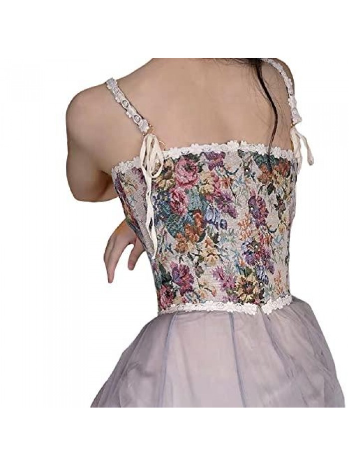 Vintage Floral Print Vest Sexy Bodycon Boat Neck Jacquard Camisole Flounce Irregular Suspender Corset 