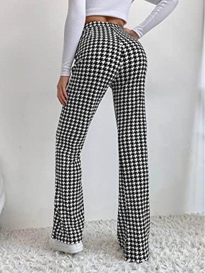 Women's Elastic High Waist Flare Pants Houndstooth Print Wide Leg Long Trousers 