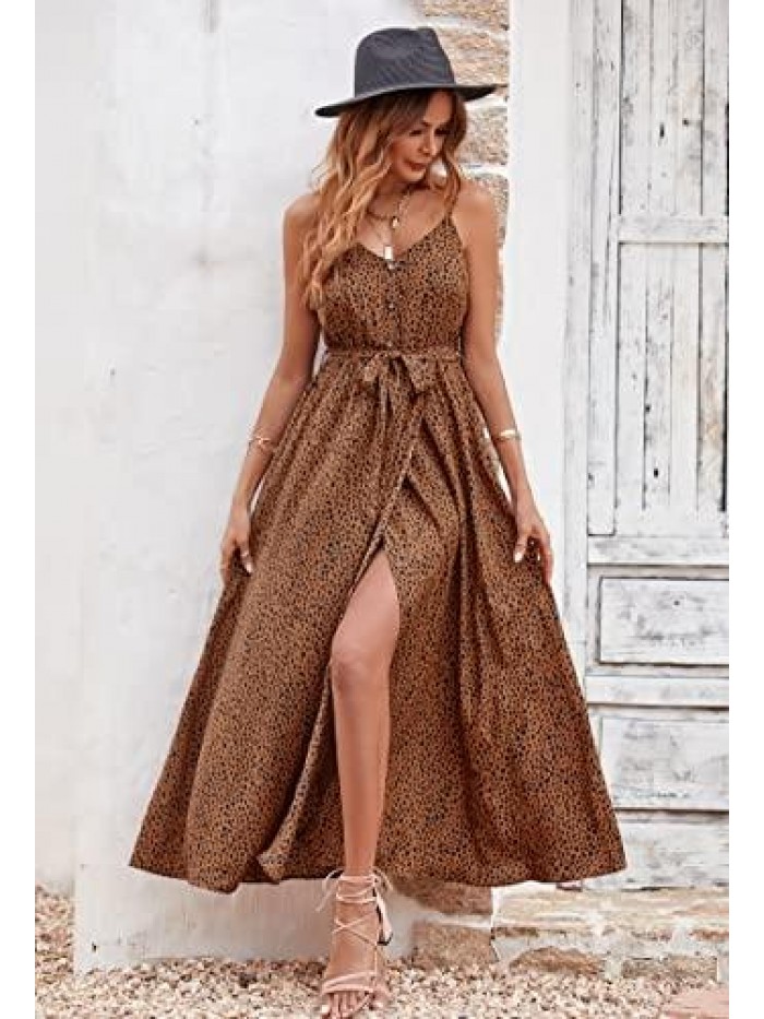 Women's Summer Spaghetti Straps V Neck Leopard Long Dress Button Down Sleeveless Split Flowy Maxi Dress with Belt 