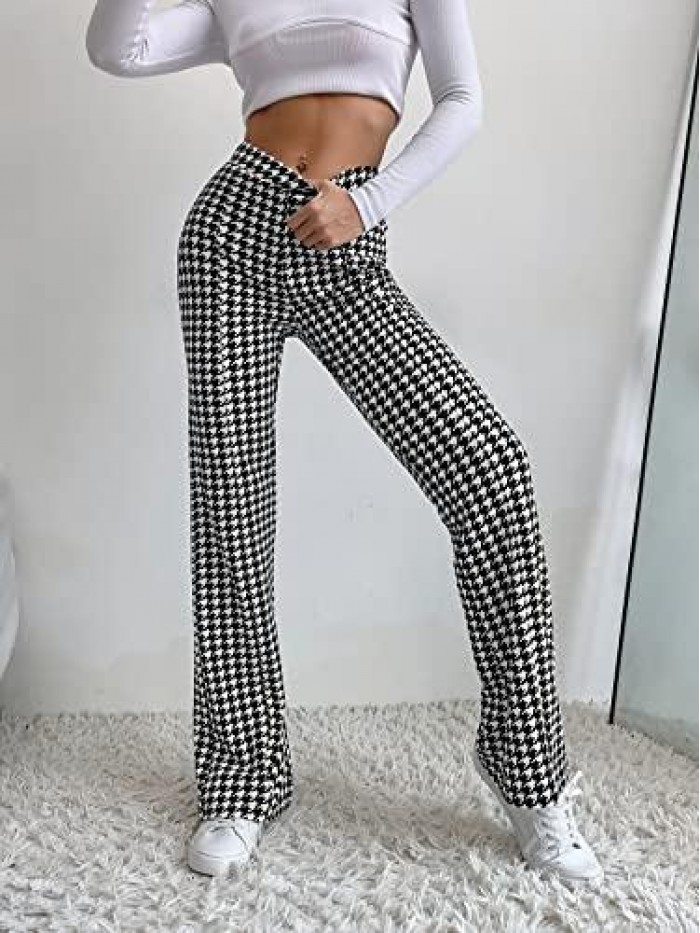 Women's Elastic High Waist Flare Pants Houndstooth Print Wide Leg Long Trousers 