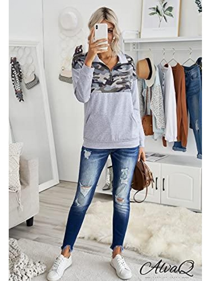 Women Sweatshirt Casual Long Sleeve Quarter Zip Color Block Pullover Tunic Tops With Pockets(S-XXL) 