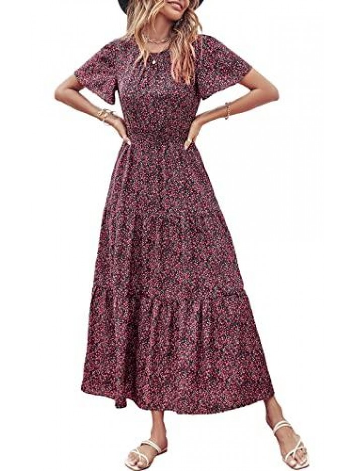 Women Short Sleeve Crew Neck Smocked Elastic Waist Tiered Maxi Dress Summer Boho Floral Flares Sun Dresses 