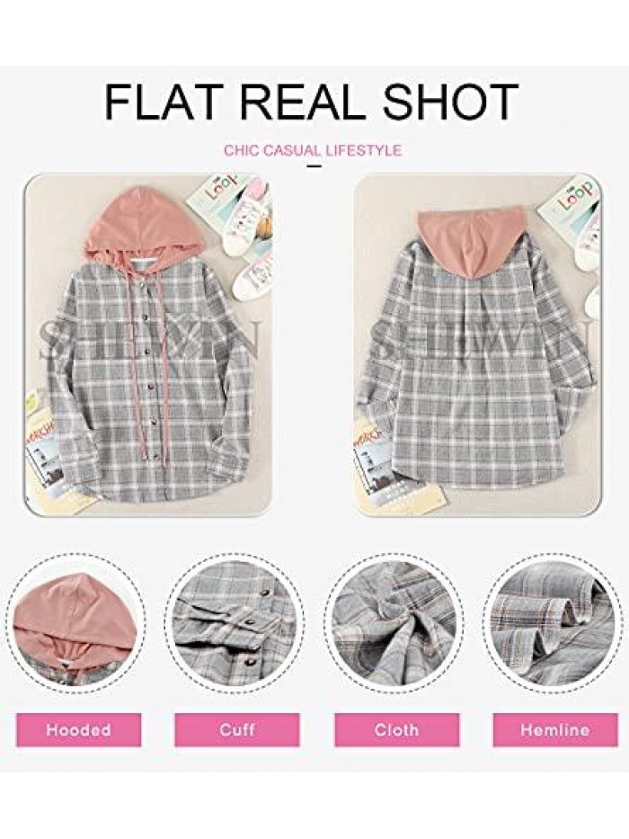 Womens Casual Plaid Shacket Jacket Hoodies Long Sleeve Button Down Blouse Shirts Tops 