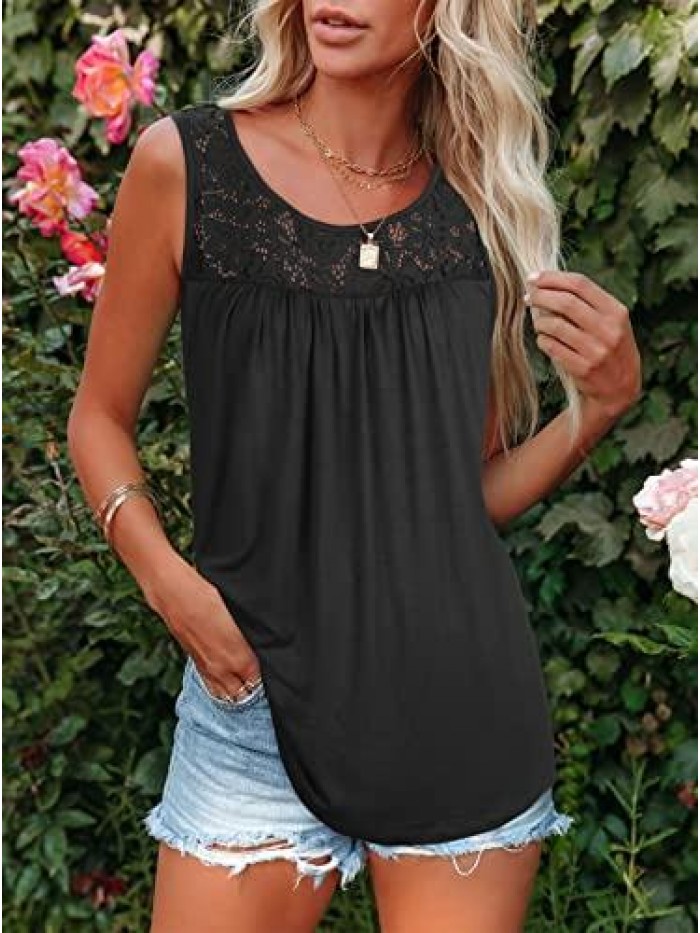 Women Summer Lace Pleated Flowy Tank Tops Loose Casual Sleeveless Tunic Blouse Shirts 